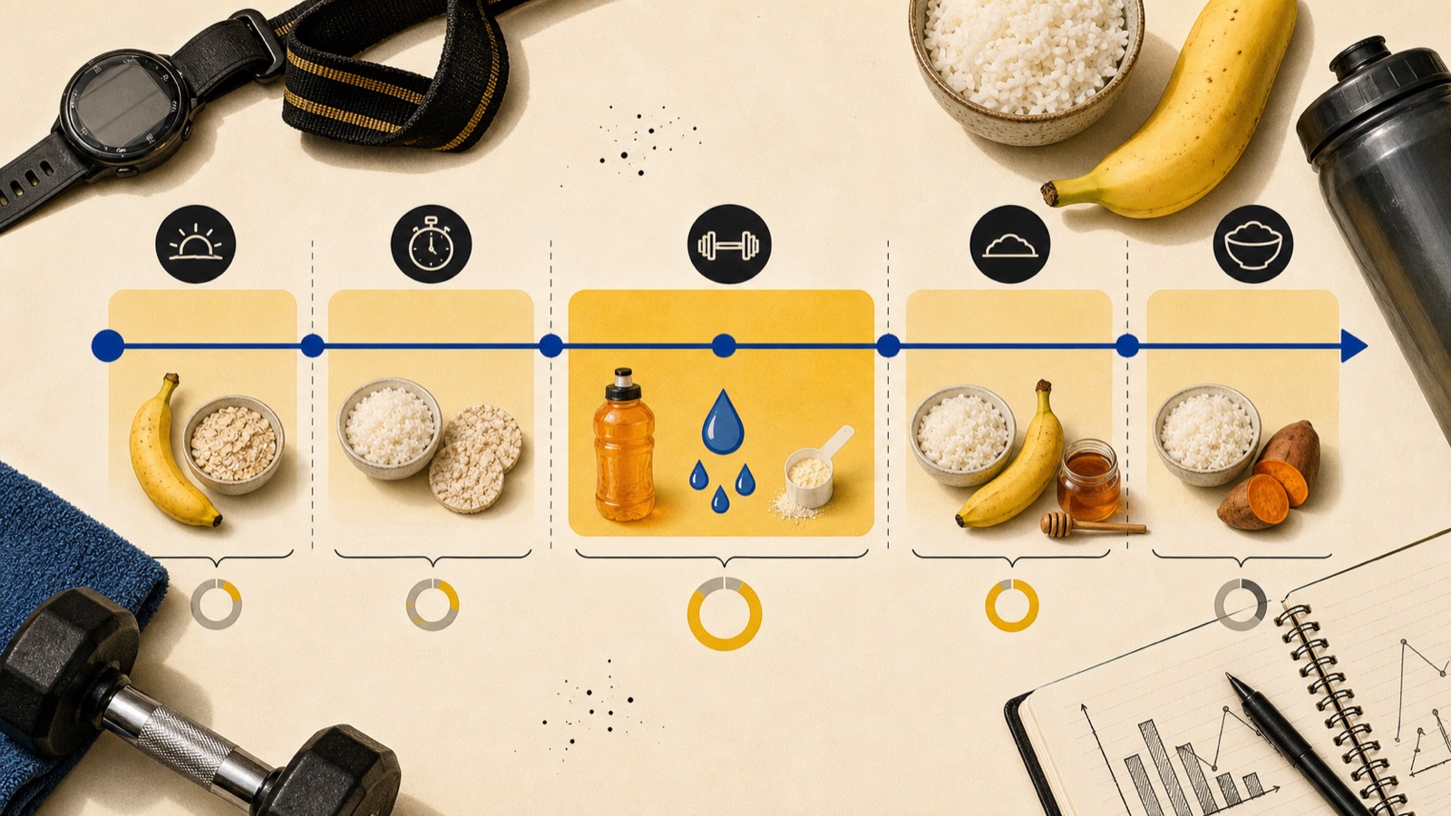Horizontal timeline running across a workout window, with carb sources like bananas, rice, and toast placed before, during, and after a training session.