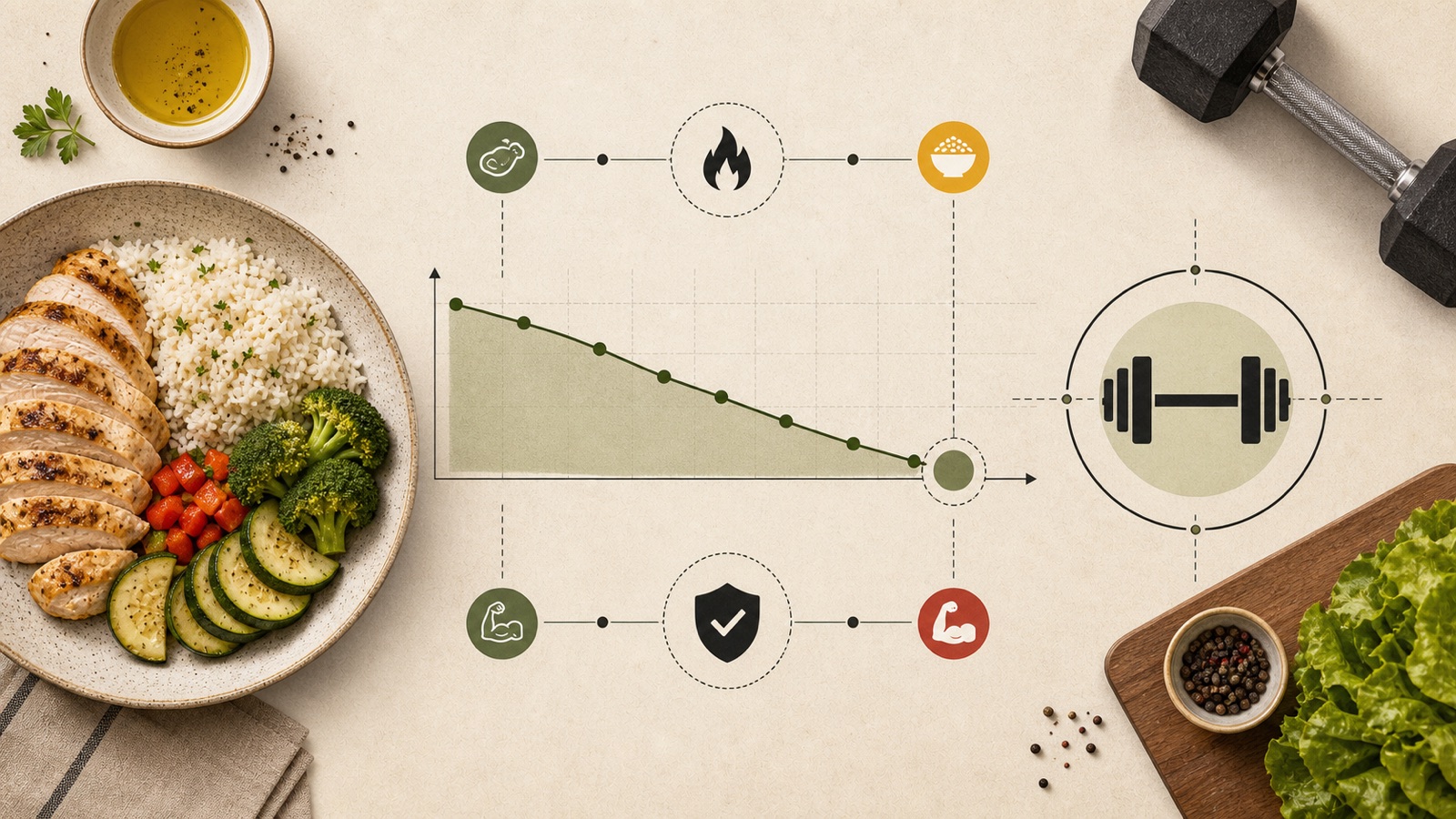 Editorial illustration of a green chart sloping downward to a marked end point, ringed by icons for food, energy and strength, with a bowl of grilled chicken, rice and vegetables on one side and a dumbbell on the other.