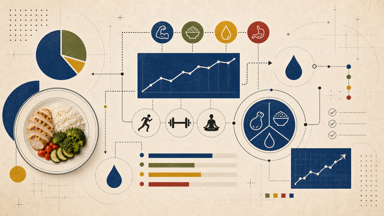 Editorial infographic on a cream background with faint grid lines. At left, a plate of sliced grilled chicken, white rice, broccoli, cherry tomatoes and zucchini sits beside a navy, olive and mustard pie chart. At center, a navy panel shows a rising line chart, topped by four circular icons for a flexed arm, a bowl of grains, a water drop and a stomach, and above three dashed circles with a runner, a barbell and a seated meditation figure. At right, a navy circle divided into a drumstick, a grain bowl and a water drop, a smaller rising line chart, a large water drop, and three checkmarked list lines. Along the bottom, four horizontal bars in navy, olive, mustard and red, joined by dotted connector lines.