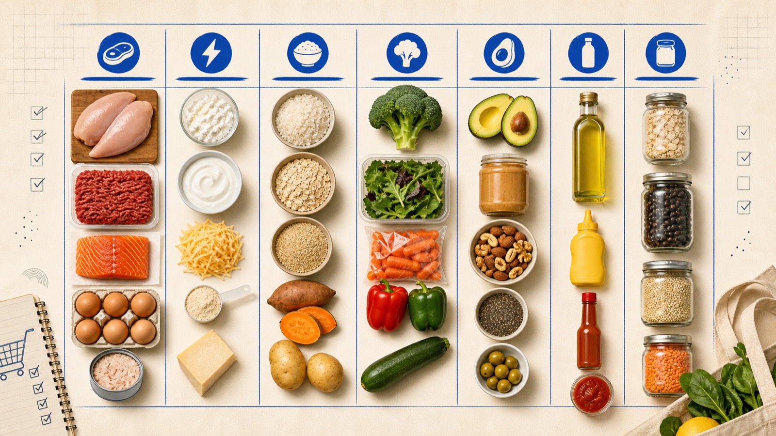Grocery basket overflowing with chicken, eggs, fish, Greek yogurt, lean beef, and cottage cheese, arranged on a wood cutting board with herbs and lemons.