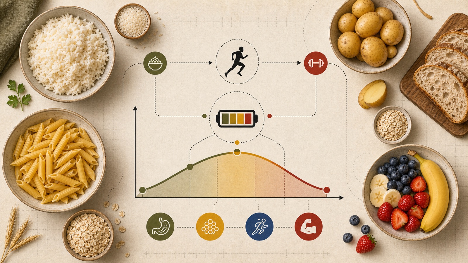 Editorial flat lay of carbohydrate foods, rice, penne, oats, potatoes, seeded bread and fruit, arranged around a diagram where a rising and falling curve links icons for digestion, fuel, running and strength.