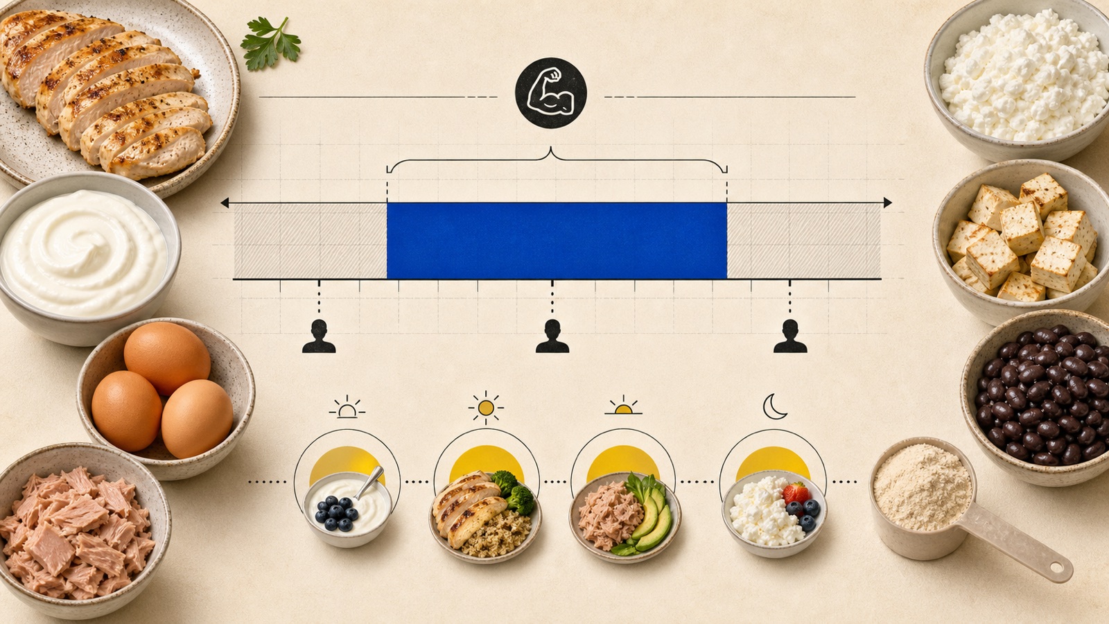 Editorial overhead scene on a cream background with faint grid lines. At the center, a horizontal axis with arrows at both ends carries a hatched band with a solid blue section in the middle, bracketed from above and marked below by three small person silhouettes on dotted drop lines; a black circular icon of a flexed arm sits above it on a dashed line. Along the bottom, four bowls sit in a row joined by dotted lines, each backed by a yellow semicircle with a time-of-day icon above it: sunrise over yogurt with blueberries, midday sun over chicken with grains and broccoli, sunset over tuna with sliced avocado, and a crescent moon over cottage cheese with strawberry and blueberries. Around the edges are a plate of sliced grilled chicken with a parsley sprig, bowls of plain yogurt, brown eggs and flaked tuna down the left, and bowls of cottage cheese, cubed tofu and black beans with a scoop of protein powder down the right.