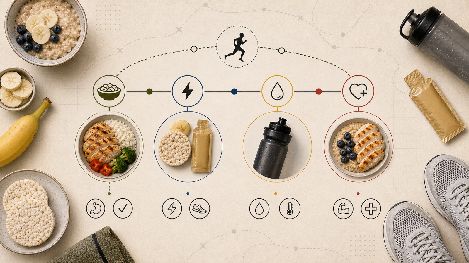 Overhead editorial scene on a cream paper background: an arched timeline of four small circular icons (a grain bowl, a lightning bolt, a water droplet, a heart with a plus) traced between bowls of food. Around the timeline sit a bowl of oats with banana and blueberries, a sliced banana, rice cakes, a running gel pouch, a bowl of grilled chicken with rice and broccoli, a black sports bottle, and a pair of running shoes.