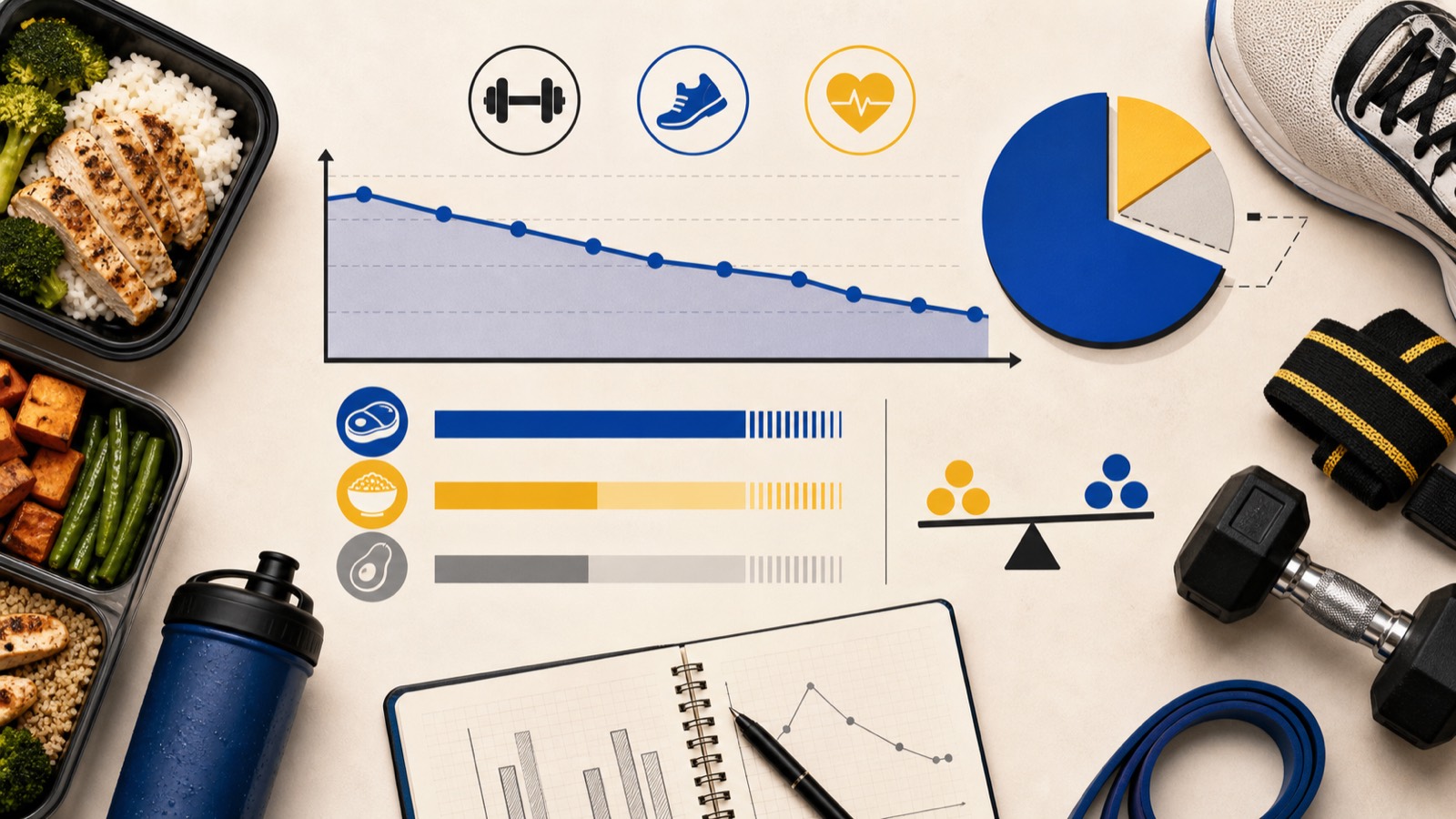 Plate with portioned grilled chicken, rice, and vegetables next to a downward-trending bar chart and a divided pie graph in yellow and blue.