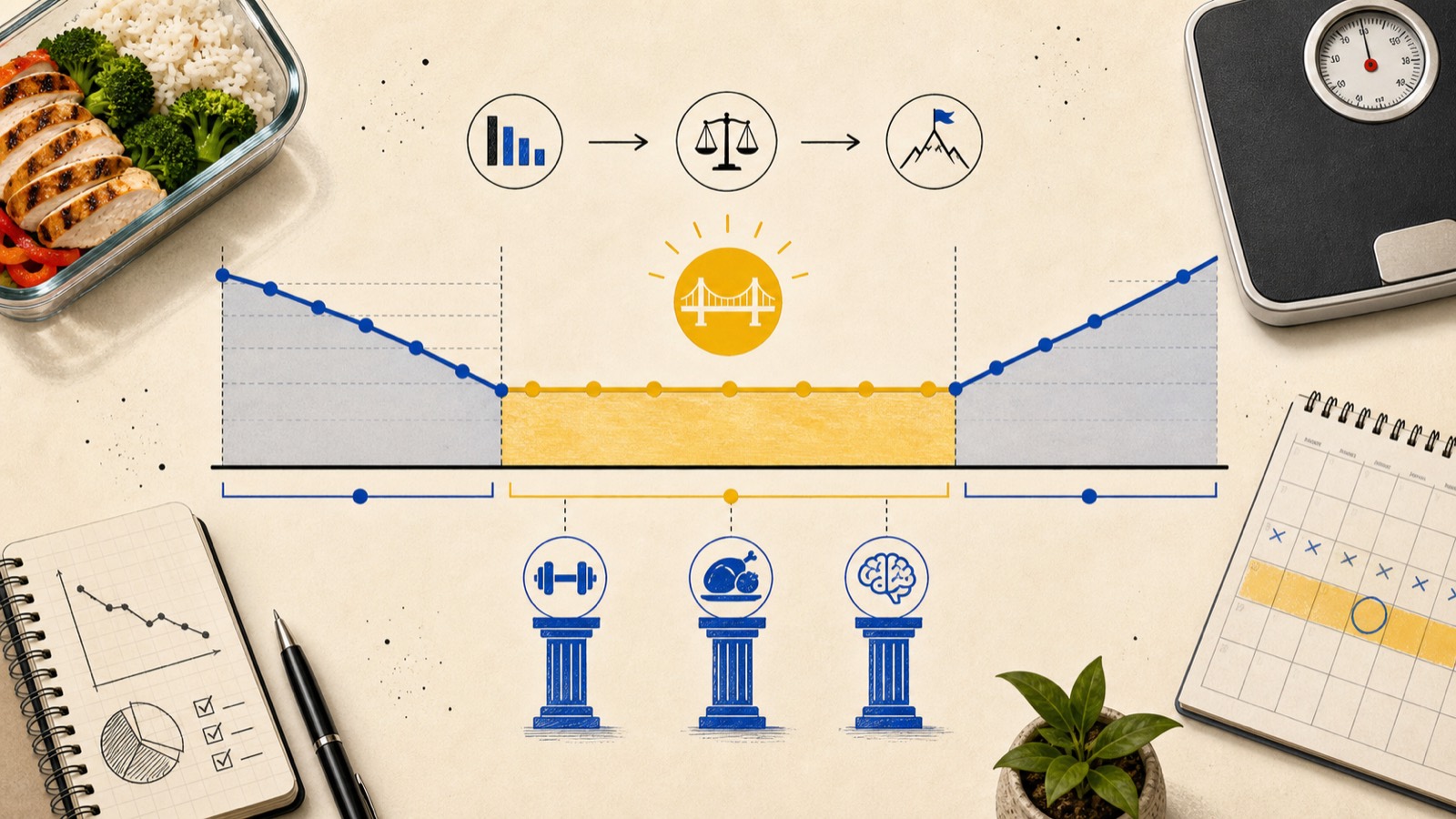 Two-pan balance scale at equilibrium with food on one side and exercise icons on the other, with a flat-line weight chart in a notebook beside it.