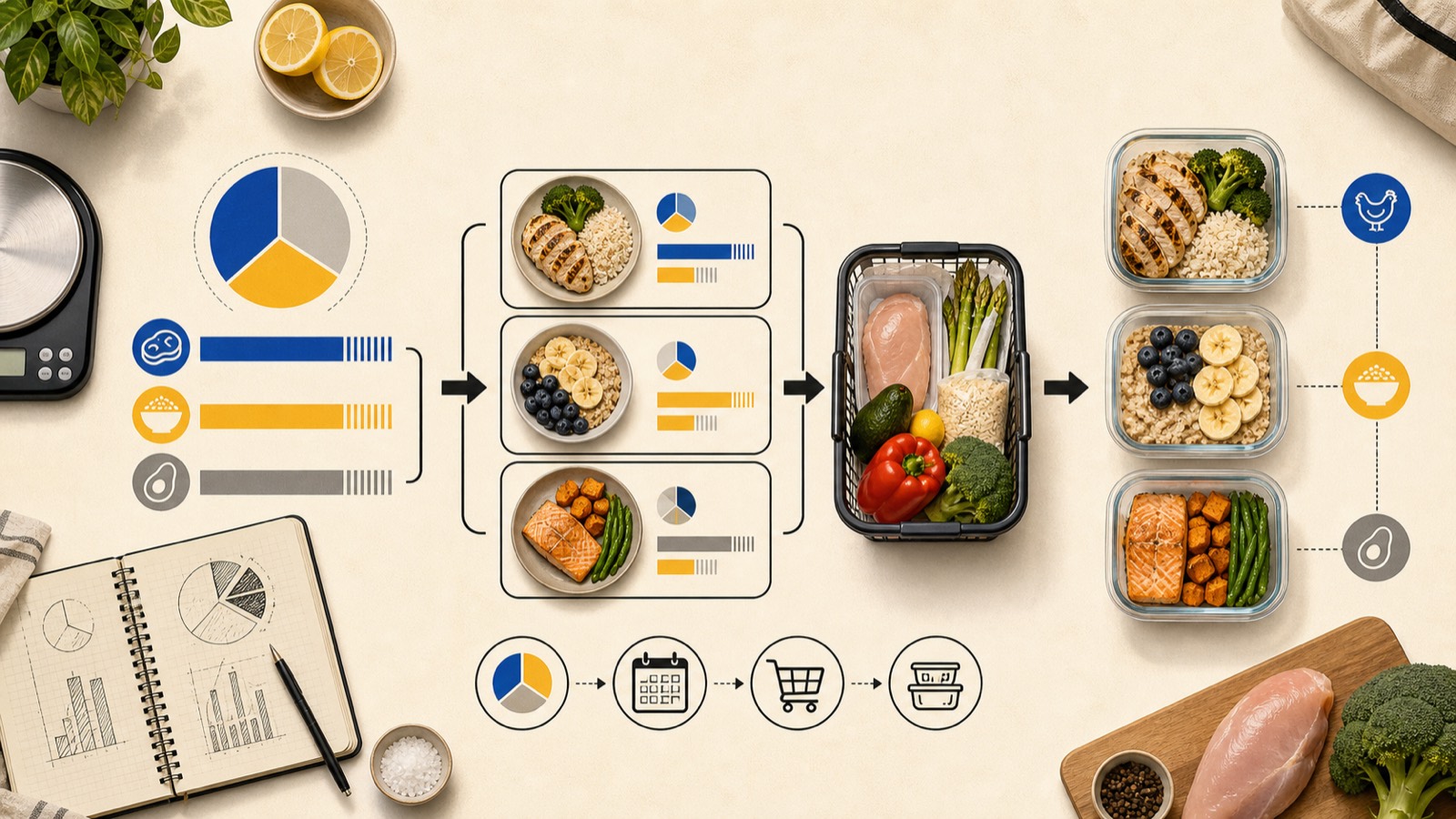 Flowchart of icons moving from a macro pie chart to three portioned bowls to a grocery basket to stacked meal-prep containers, with a kitchen scale and notebook framing the layout.