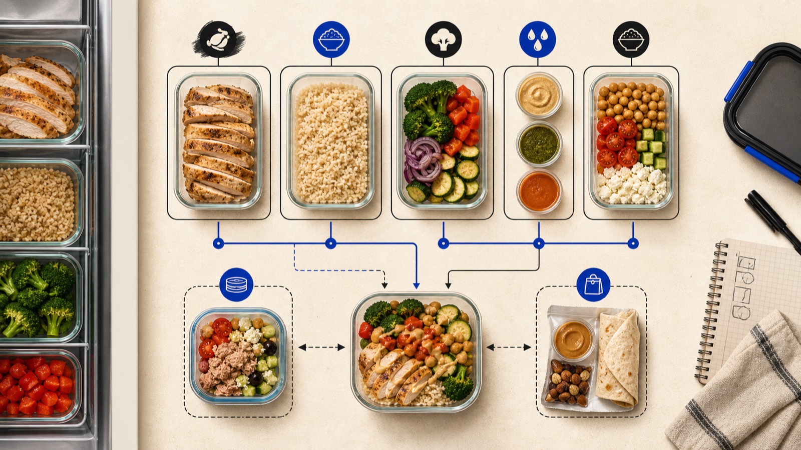 Stack of glass meal-prep containers with grilled protein, rice, and vegetables, next to a planner showing a flexible mid-week swap.