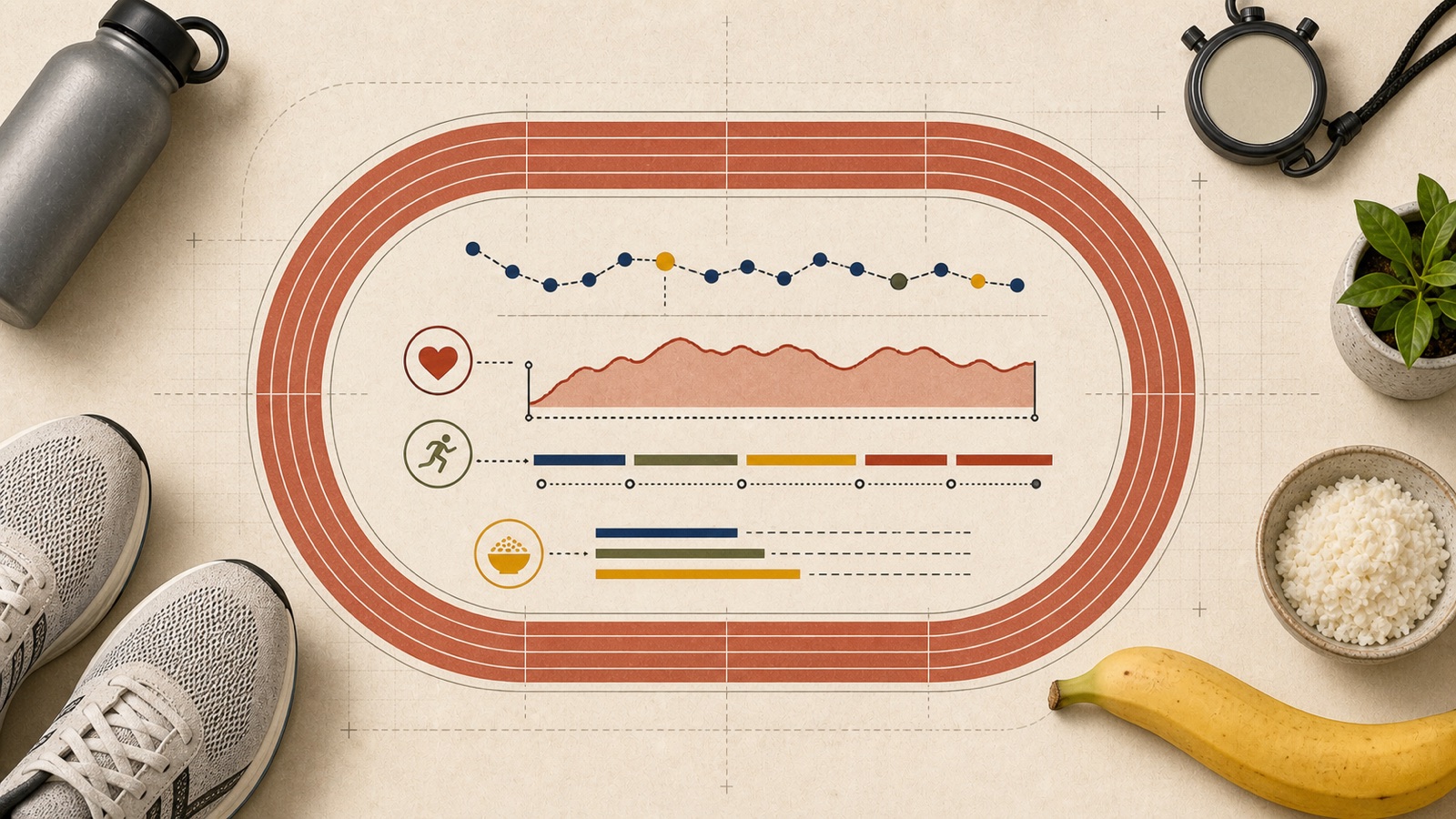 Overhead editorial scene on a cream paper background with faint blueprint lines. In the center, a terracotta-red running track is drawn as a multi-lane oval seen from above. Inside the oval sit stacked charts: a dashed line connecting small dots with one dot highlighted gold, and three rows each led by a small circled icon. A red heart icon sits beside a filled red area chart shaped like a jagged mountain. A running-figure icon sits beside a horizontal bar split into navy, olive, yellow and red segments. A bowl-of-grains icon sits beside three shorter horizontal bars in navy, olive and yellow. Around the edges are a gray metal water bottle at top left, a pair of white running shoes at bottom left, a black stopwatch on a lanyard and a small potted green plant at top right, a stone bowl of white rice at right, and a yellow banana at bottom right.