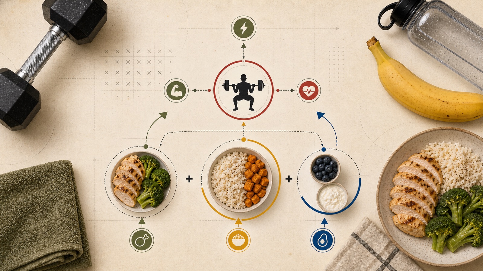 Flat-lay editorial infographic on a cream background. At center, a black silhouette of a lifter squatting with a barbell sits inside a red ring, with dashed arrows out to an olive lightning-bolt icon above, an olive flexed-arm icon at left and a red heart-rate icon at right. Below, three ringed bowls are joined by plus signs: sliced grilled chicken with broccoli, white rice with roasted sweet potato cubes, and blueberries beside cottage cheese, each marked with a small icon for a drumstick, a grain bowl and an avocado. Around the edges sit a black hex dumbbell, a folded olive towel, a clear water bottle, a banana, a plaid napkin and a bowl of chicken, rice and broccoli.