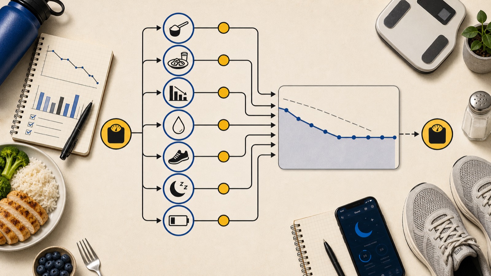 Bathroom scale viewed from above with a clipboard, sketched bar charts, a measuring tape, and a glass of water arranged around it.