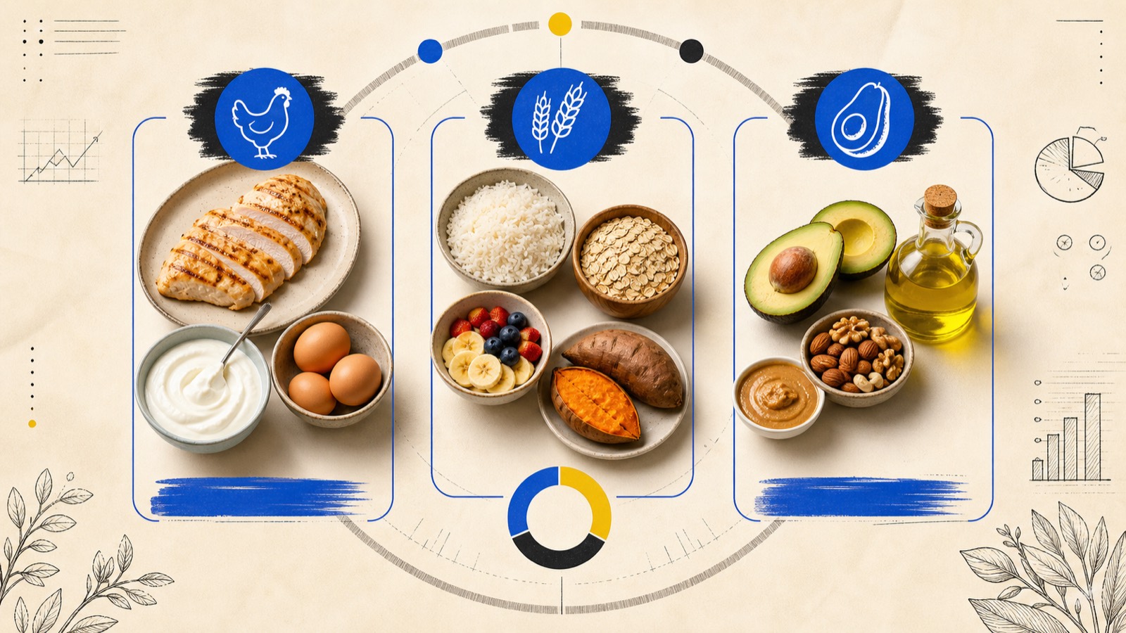 Editorial illustration of three food groups arranged in panels: grilled chicken with eggs and yogurt, rice with oats and fruit, and avocado with nuts and a bottle of oil, surrounded by sketched charts in yellow and blue.