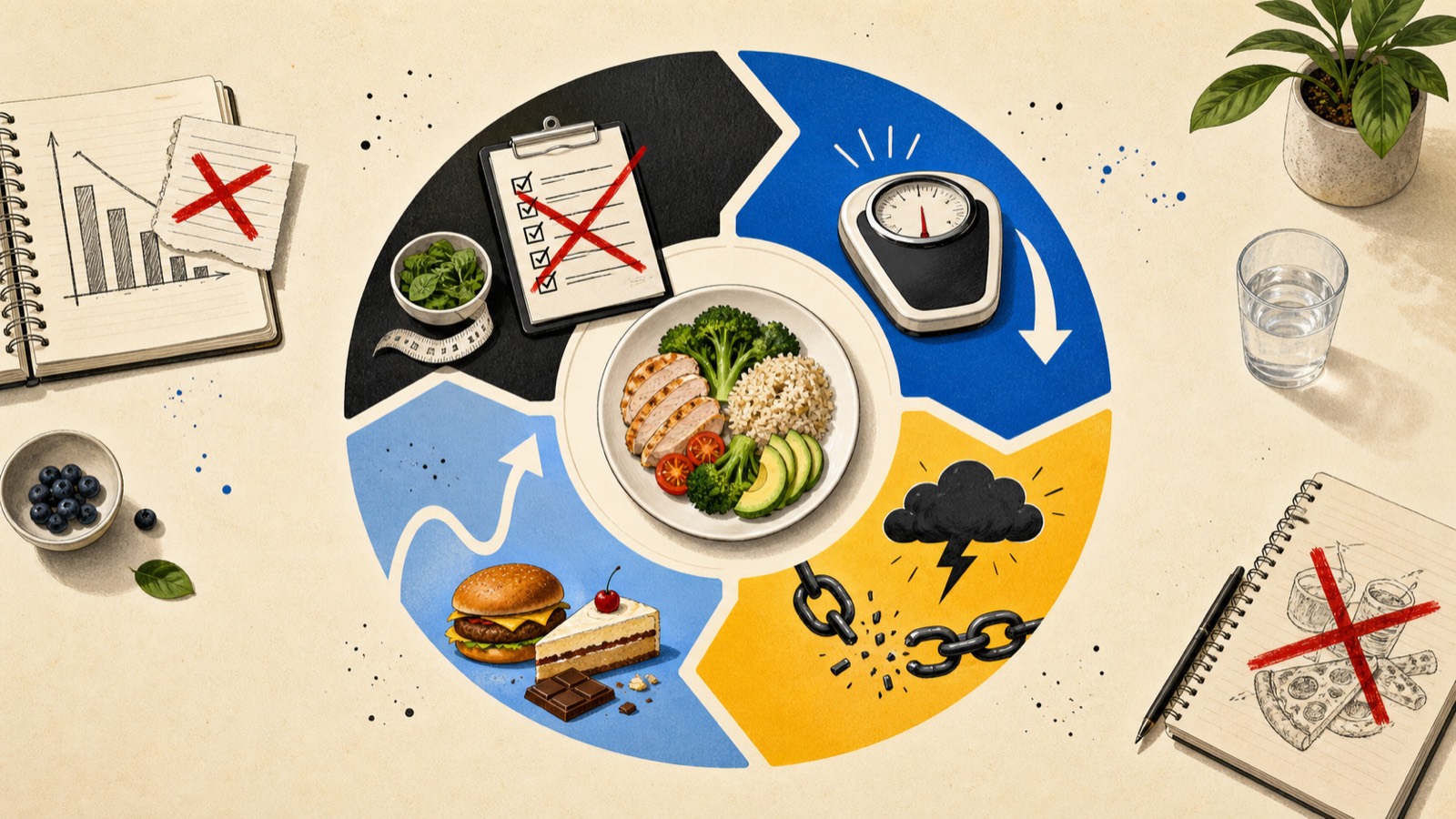 Circular diagram split into quadrants: a crossed-out clipboard, a bathroom scale, a balanced plate of chicken and vegetables, and a storm-cloud icon, with a notebook of charts on either side.